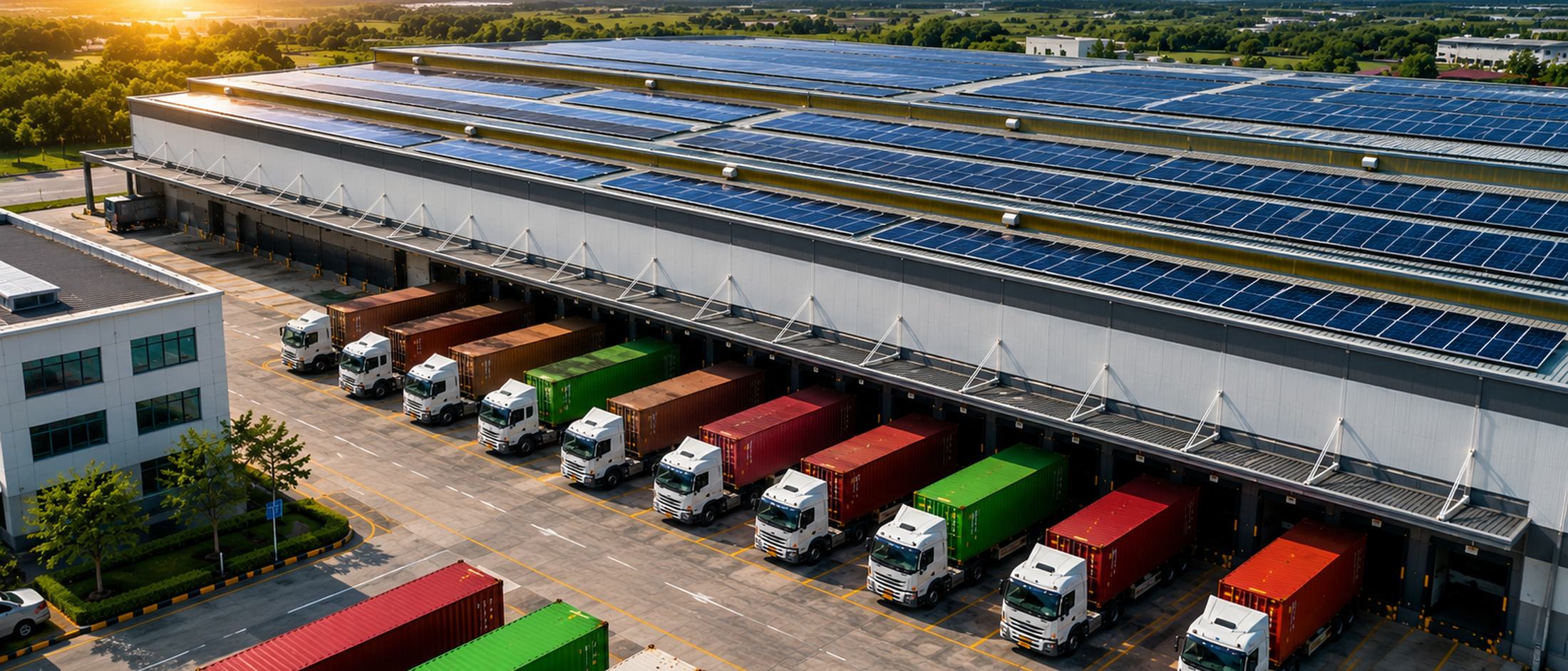 Solar-roofed distribution warehouse with trucks at the loading dock